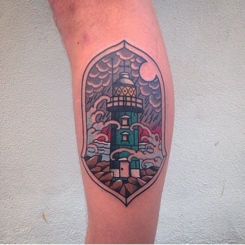 Beautiful Lighthouse Tattoo On Back Leg
