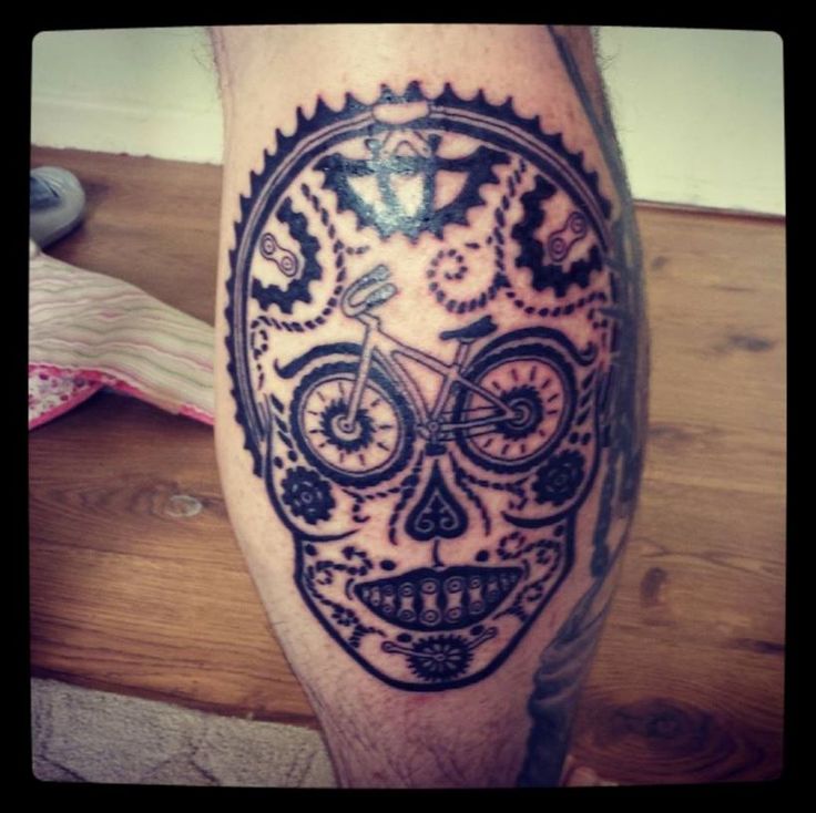 Bike In Sugar Skull Tattoo On Leg Calf