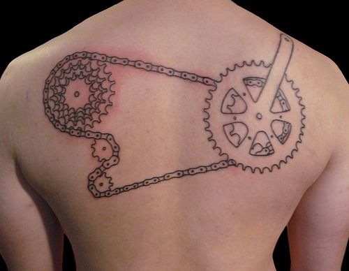 Bike Sprocket With Chain Tattoo On Upper Back