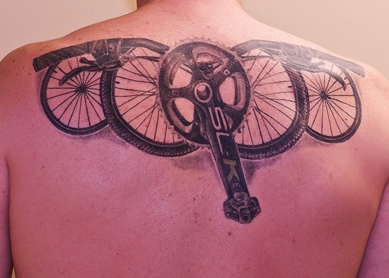 Bike Sprocket, With Wheel And Handle Tattoo On Upper Back