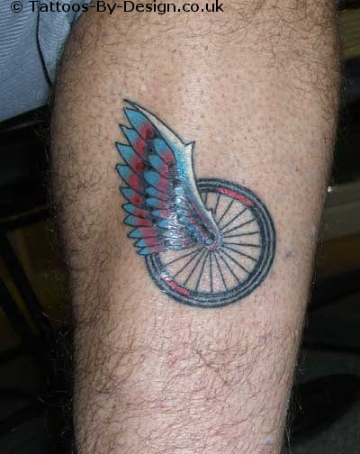 Bike Wheel With Wing Tattoo On Leg Calf
