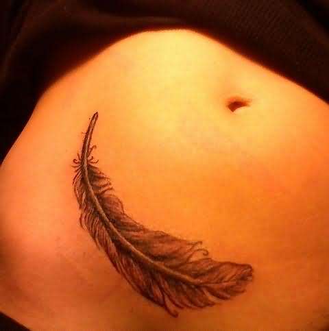 Black And Gery Feather Tattoo On Side Belly