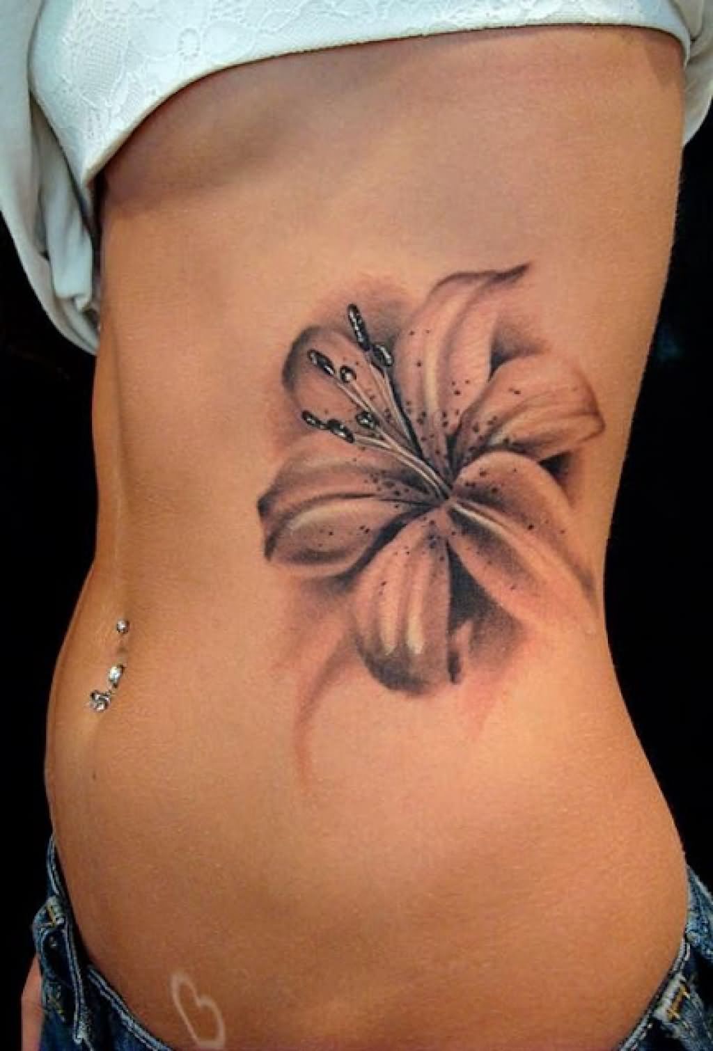 Black And Grey 3D Flower Tattoo On Girl Side Belly