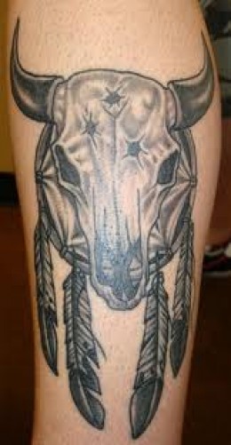 Black And Grey Cow Skull With Dreamcatcher Tattoo Design For Half Sleeve