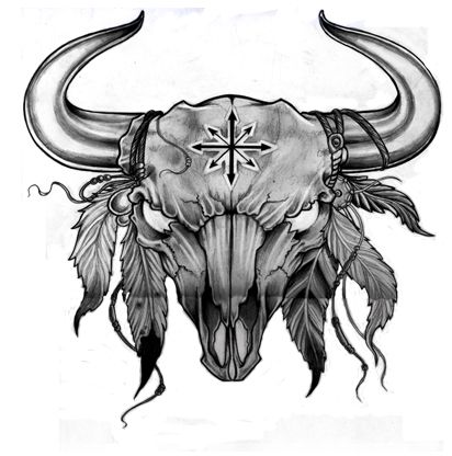 Black And Grey Cow Skull With Feathers Tattoo Design