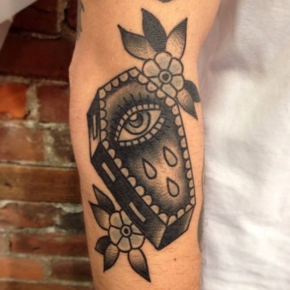 Black And Grey Flowers And Coffin Tattoo On Arm Sleeve