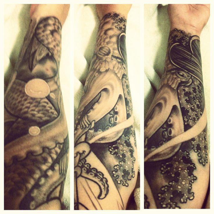 Black And Grey Ink Octopus Sleeve Tattoo
