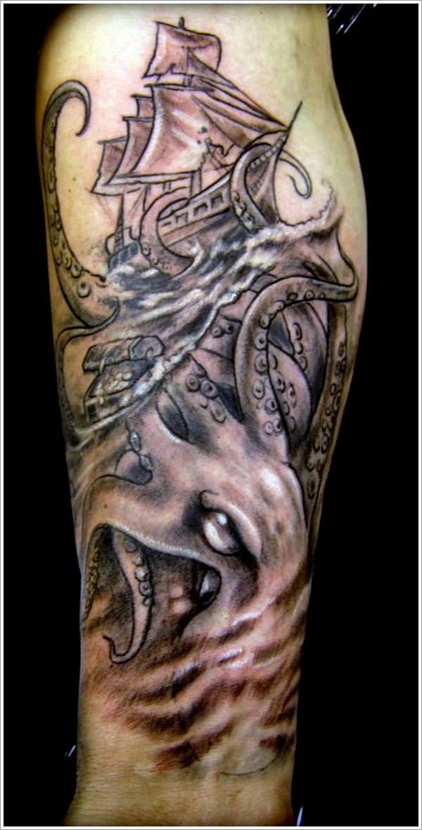 Black And Grey Kraken Attacing Ship Tattoo Design For Leg