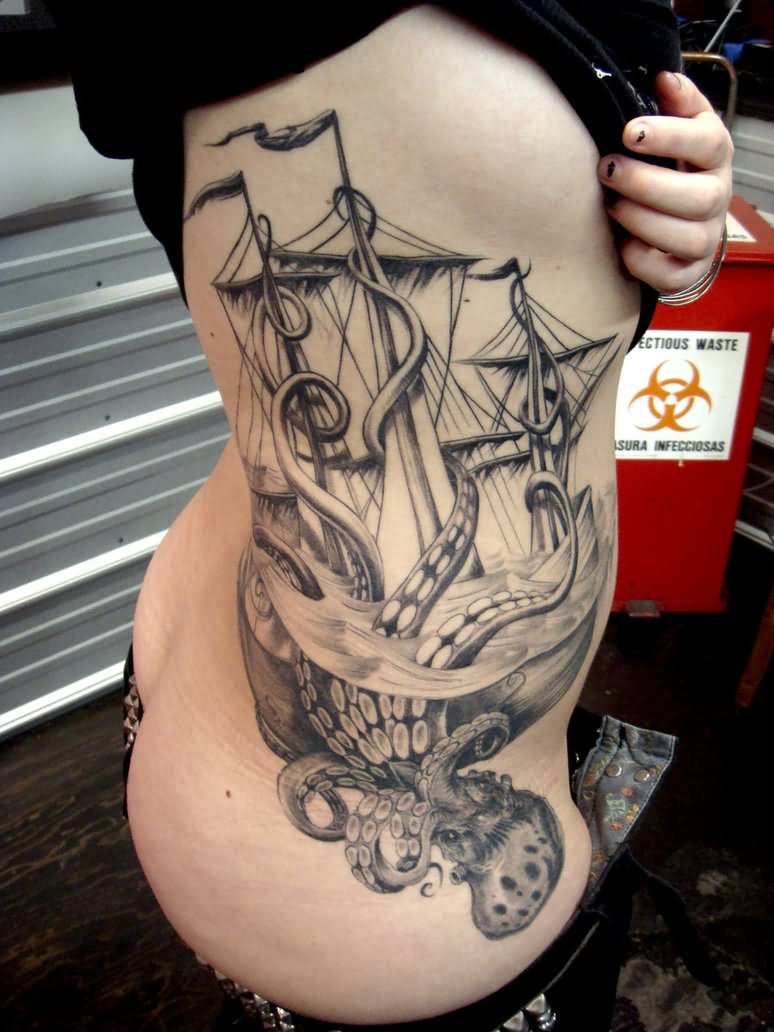 Black And Grey Kraken Attacking Ship Tattoo On Girl Side Rib