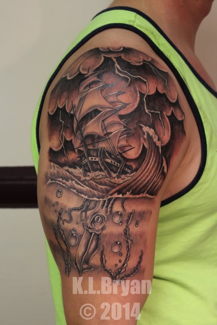 Black And Grey Kraken Attacking Ship Tattoo On Man Right Half Sleeve By Kenneth Bryan