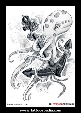 Black And Grey Kraken With Anchor Tattoo Design