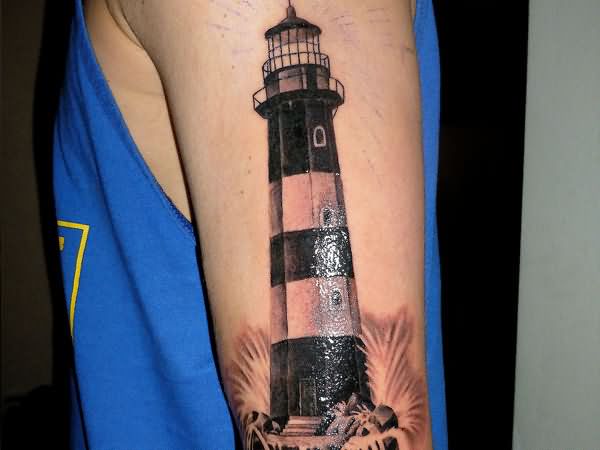 Black And Grey Lighthouse Tattoo On Half Sleeve