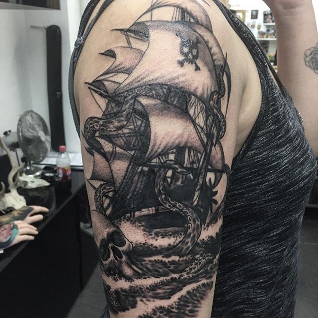 Black And Grey Octopus Ship Tattoo On Right Half Sleeve