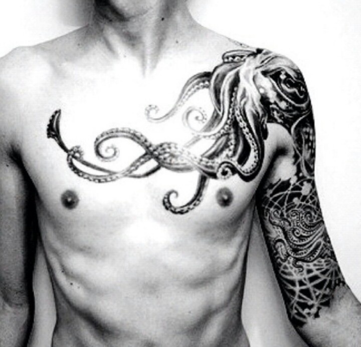Black And Grey Octopus Shoulder Tattoo For Men