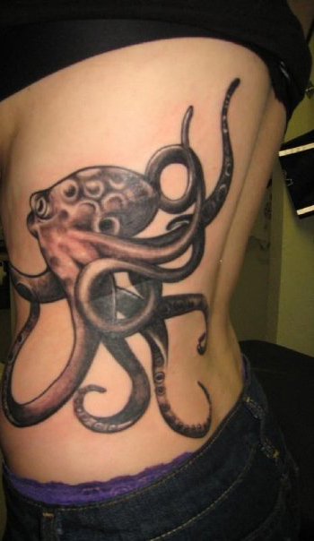 Black And Grey Octopus Side Tattoo by Godzillabukkake