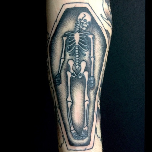 Black And Grey Skeleton Coffin Tattoo Image