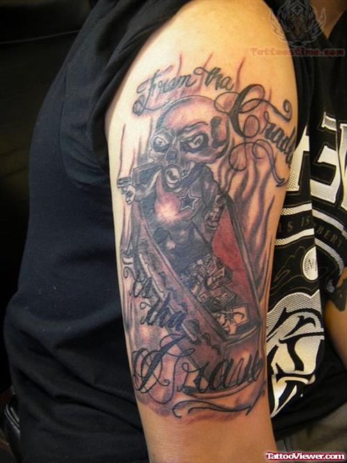 Black And Grey Skeleton Coffin Tattoo On Right Half Sleeve