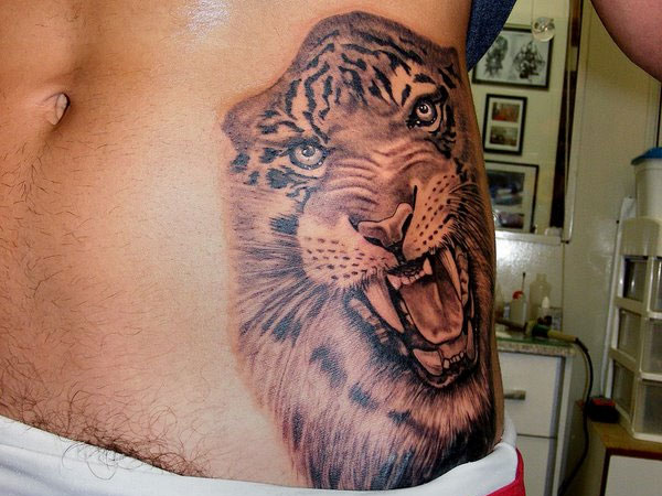 Black And Grey Tiger Head Tattoo On Side Belly