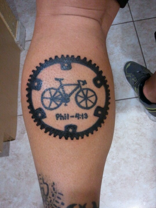 Black Bike In Gear Tattoo On Leg Calf