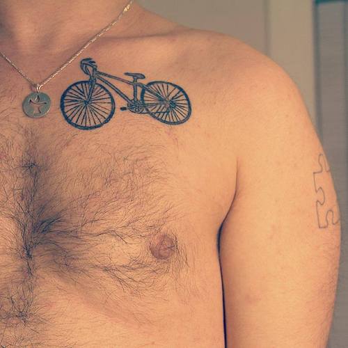 Black Bike Tattoo On Man Left Front Shoulder