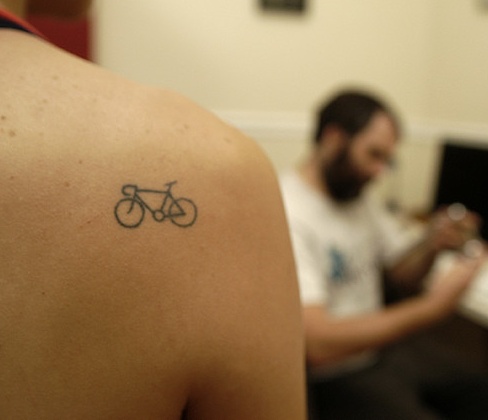 Black Bike Tattoo On Right Back Shoulder