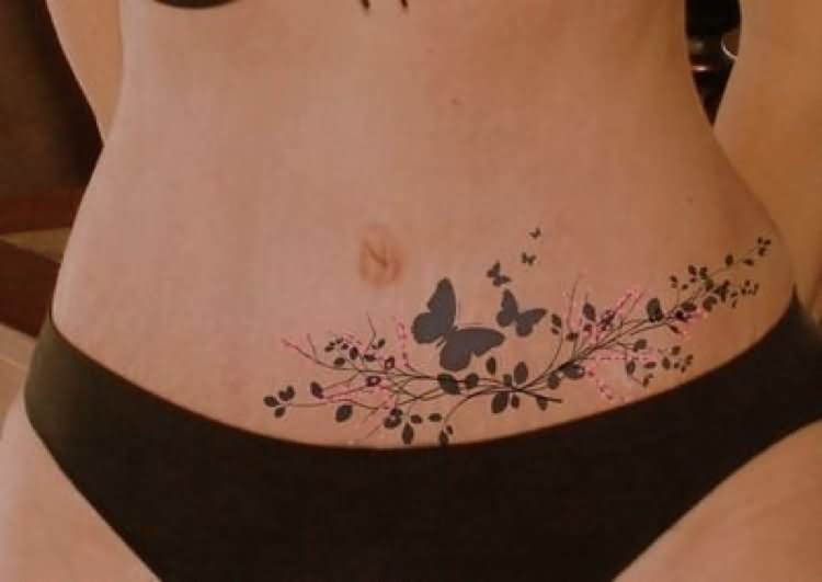 Black Butterflies And Vine Tattoo On Belly