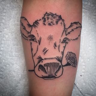 Black Cow Head With Flowers Tattoo Design