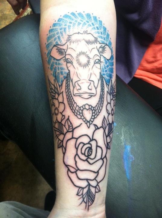 Black Cow Head With Roses Tattoo On Forearm