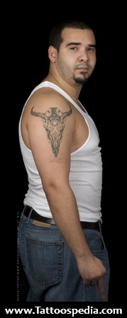 Black Cow Skull Tattoo On Man Right Shoulder