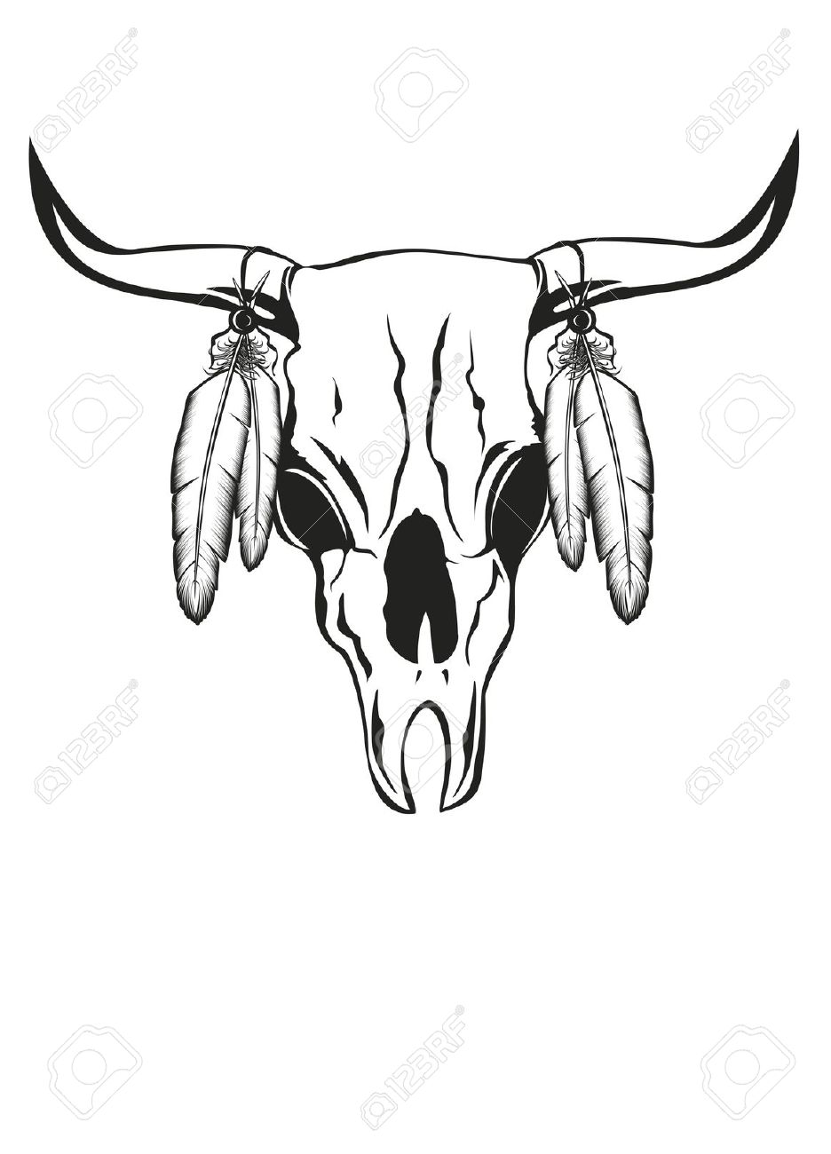 Black Cow Skull With Feather Tattoo Stencil