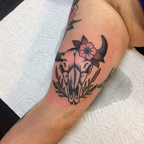 Black Cow Skull With Flower Tattoo On Half Sleeve