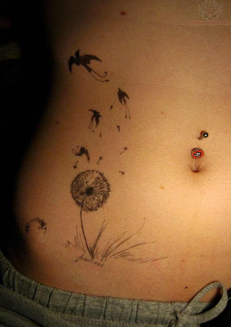 Black Dandelion With Flying Birds Tattoo Design For Side Belly