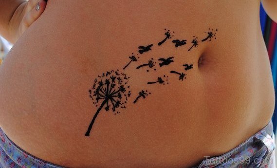 Black Dandelion With Flying Birds Tattoo On Belly