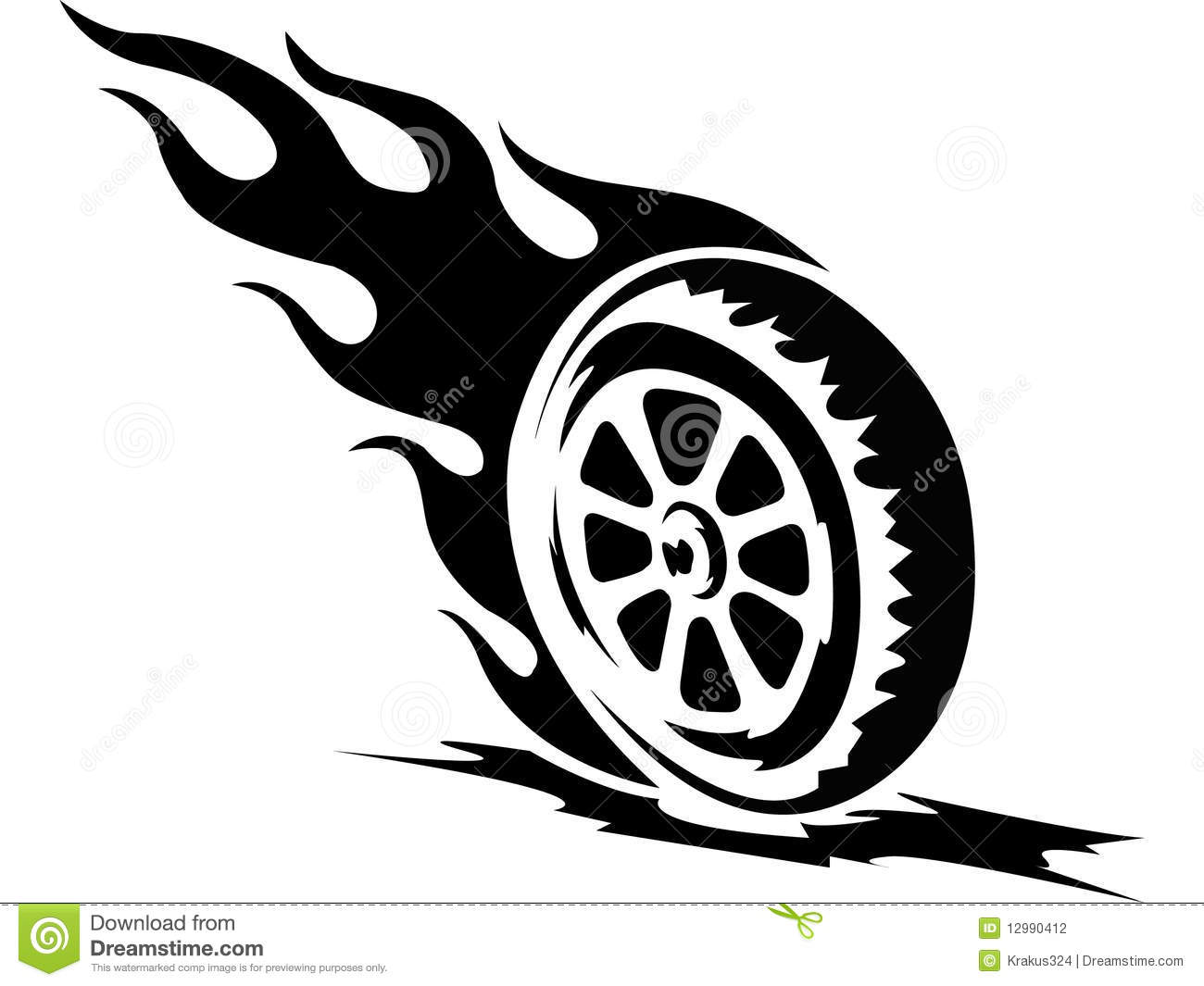 Black Flaming Bike Wheel Tattoo Stencil