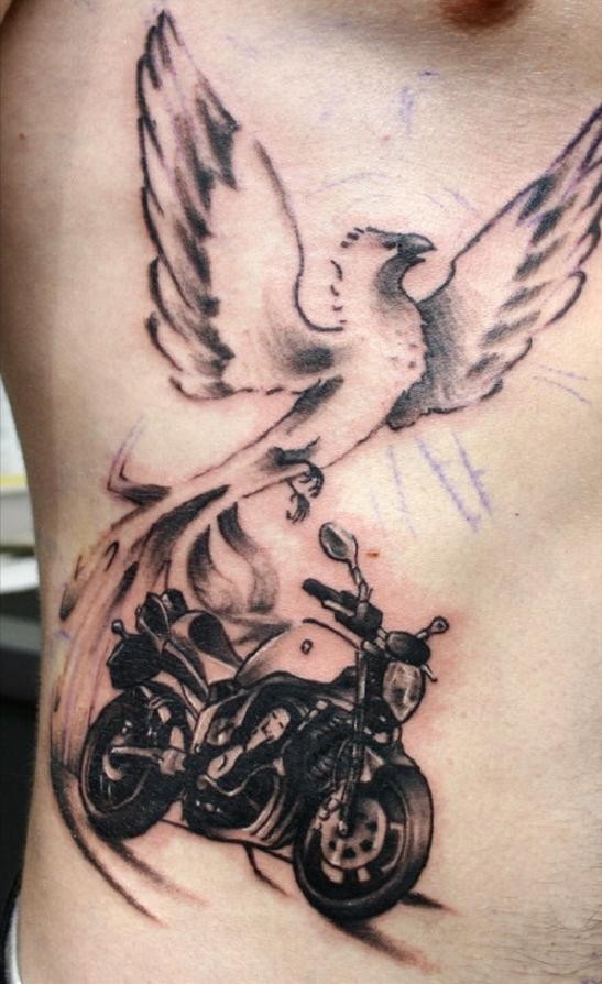 Black Ink Bike With Wings Tattoo On Man Side Rib