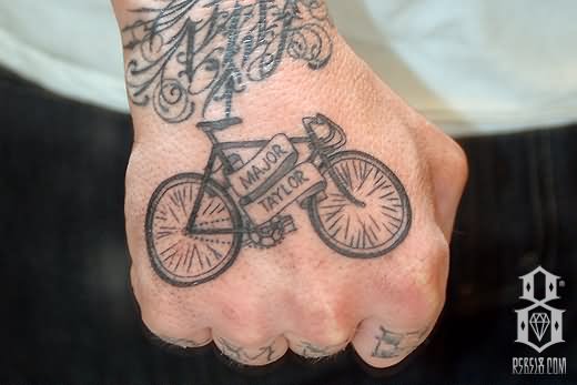 Black Ink Bmx Bike With Banner Tattoo On Hand