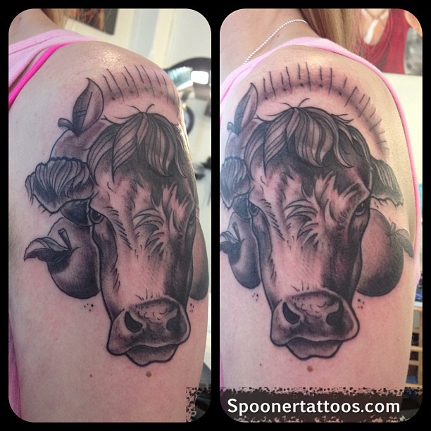 Black Ink Cow Head Tattoo On Shoulder
