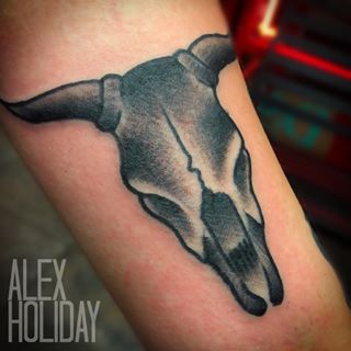 Black Ink Cow Skull Tattoo Design For Sleeve