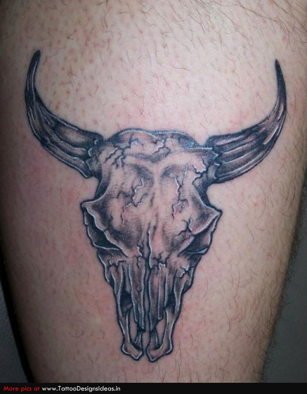 Black Ink Cow Skull Tattoo Design For Thigh