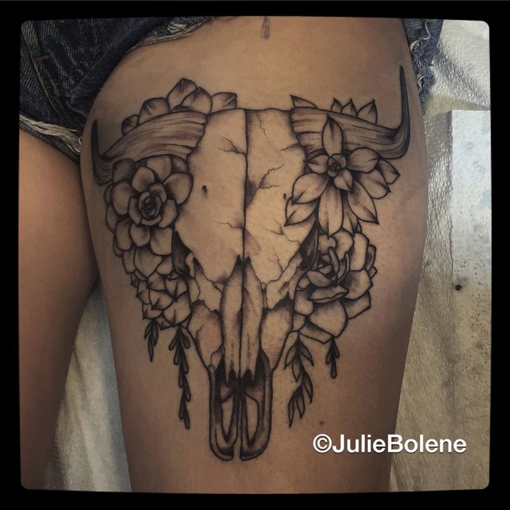 Black Ink Cow Skull With Flowers Tattoo On Thigh By Julie Bolene