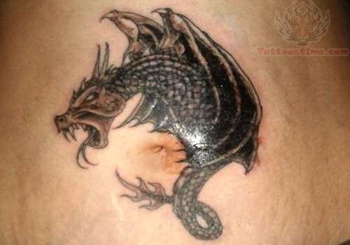 Black Ink Dragon Tattoo On Belly