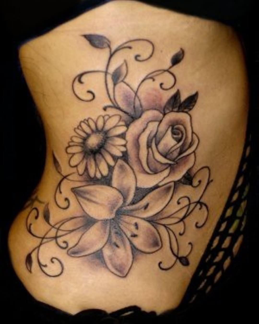 Black Ink FLowers Tattoo Design For Side Belly