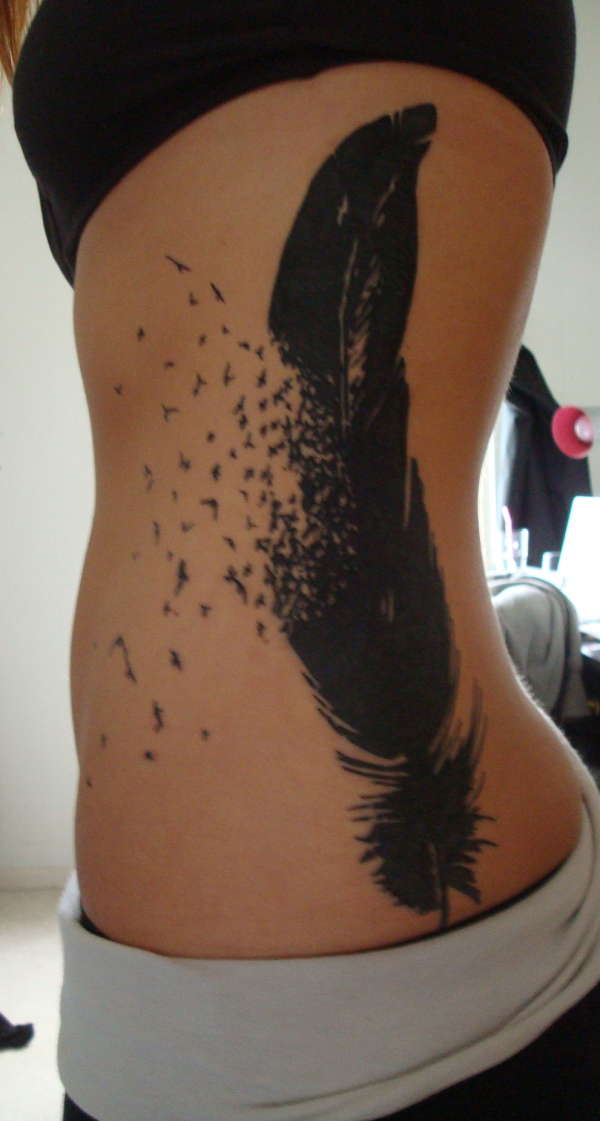Black Ink Feather With Flying Birds Tattoo On Side Belly