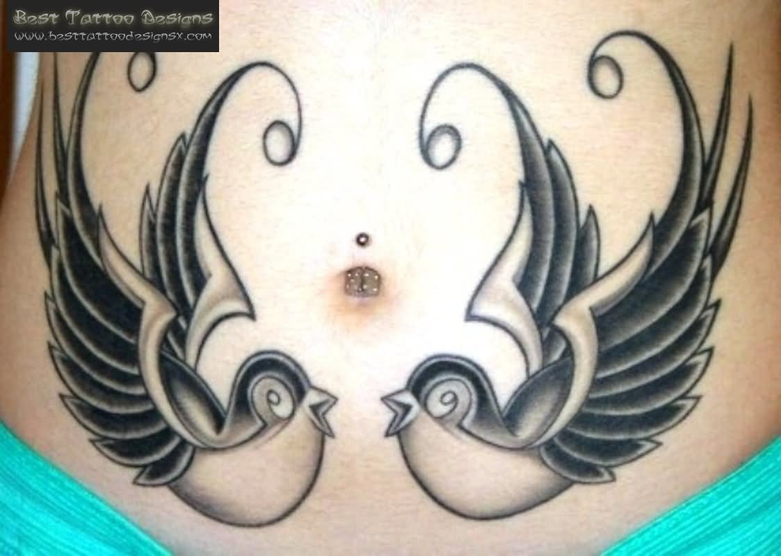 Black Ink Flying Birds Tattoo On Belly