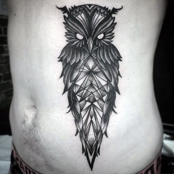 Black Ink Geometric Owl Tattoo On Man Side Belly