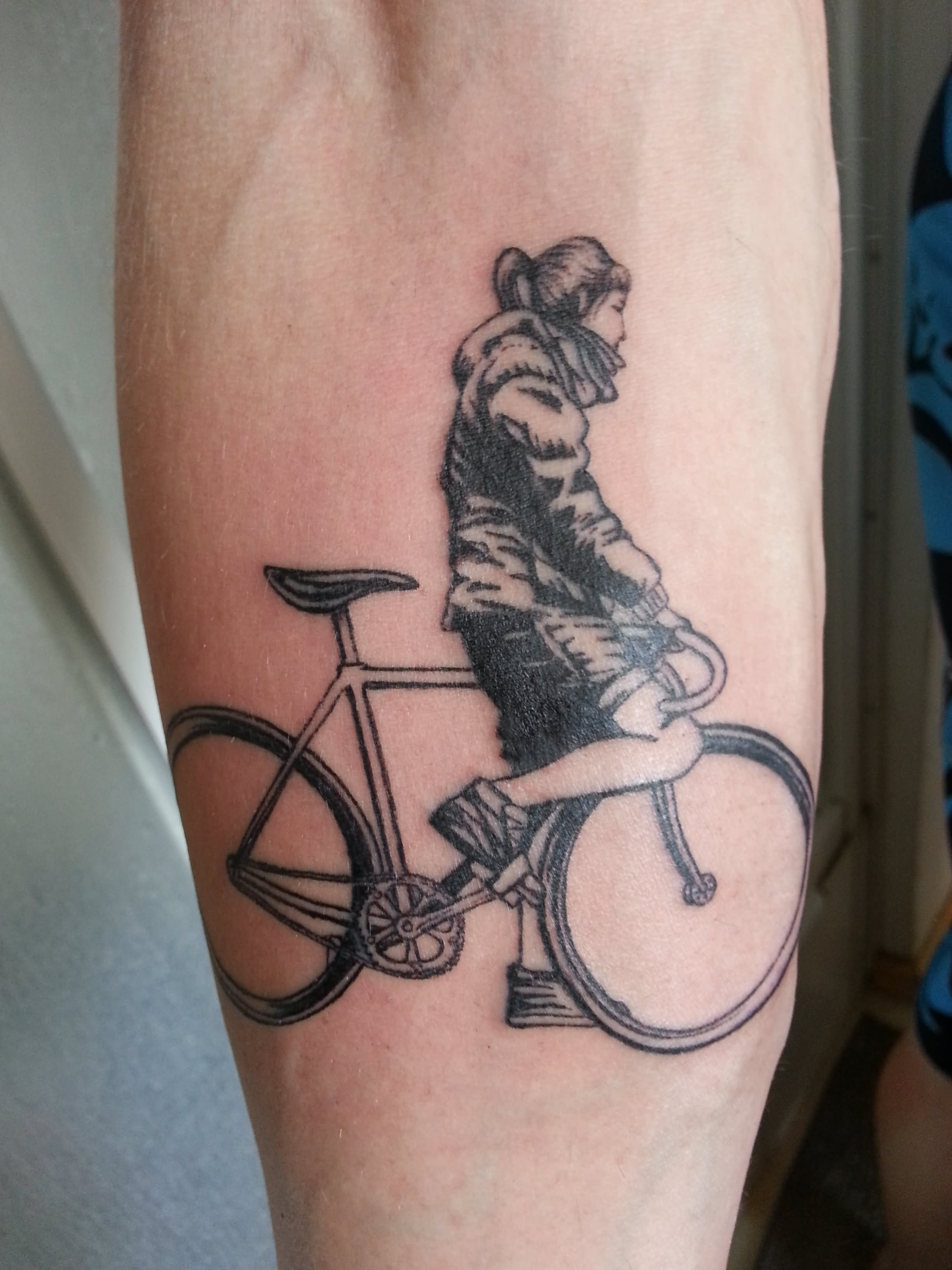 Black Ink Girl On Bike Tattoo Design For Forearm