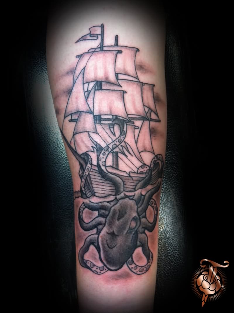 Black Ink Kraken Attacking Ship Tattoo Design For Arm
