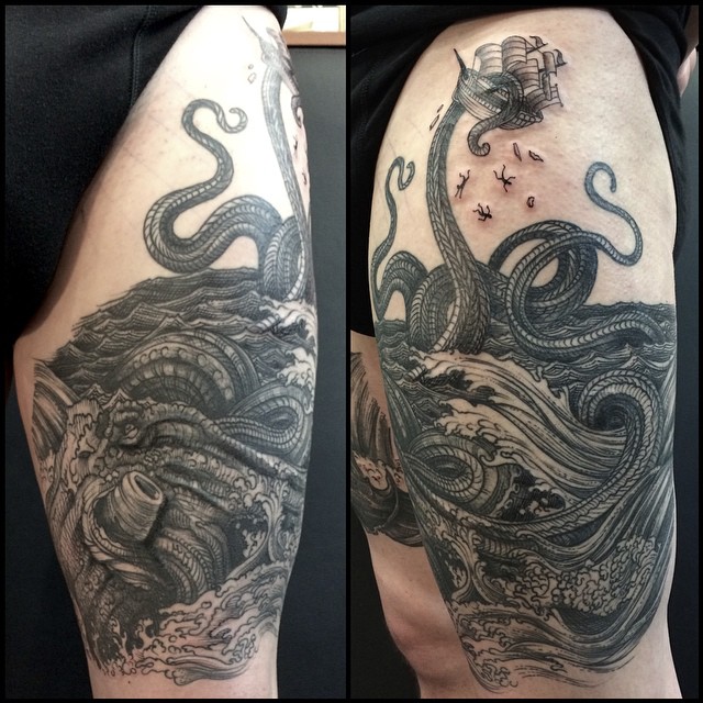 Black Ink Kraken Attacking Ship Tattoo Design For Thigh
