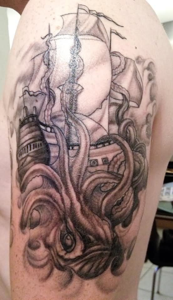 Black Ink Kraken Attacking Ship Tattoo On Man Left Half Sleeve