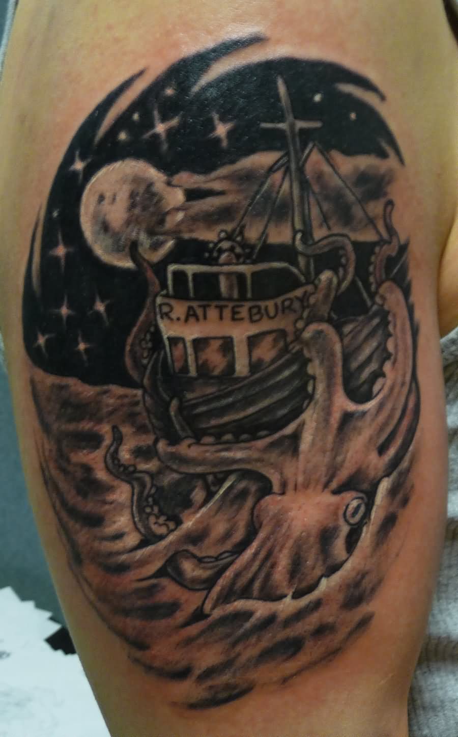 Black Ink Kraken Attacking Ship Tattoo On Right Shoulder By Thomas Hovie